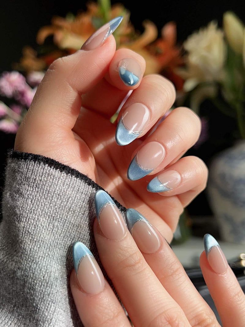 Light Blue Metallic Glitter French Almonds Light Blue Metallic Glitter French Almonds β New Years French Tip Nails 2027