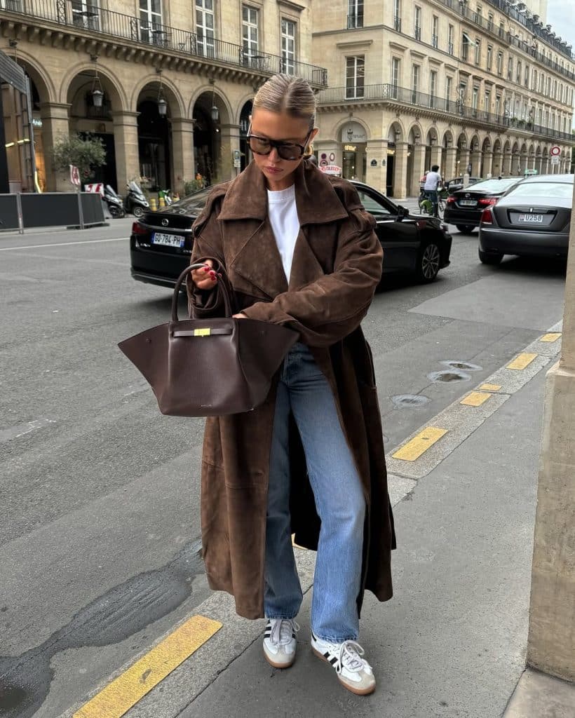 Oversized Brown Suede Coat with White Tee and Jeans — Brown Coat Outfits