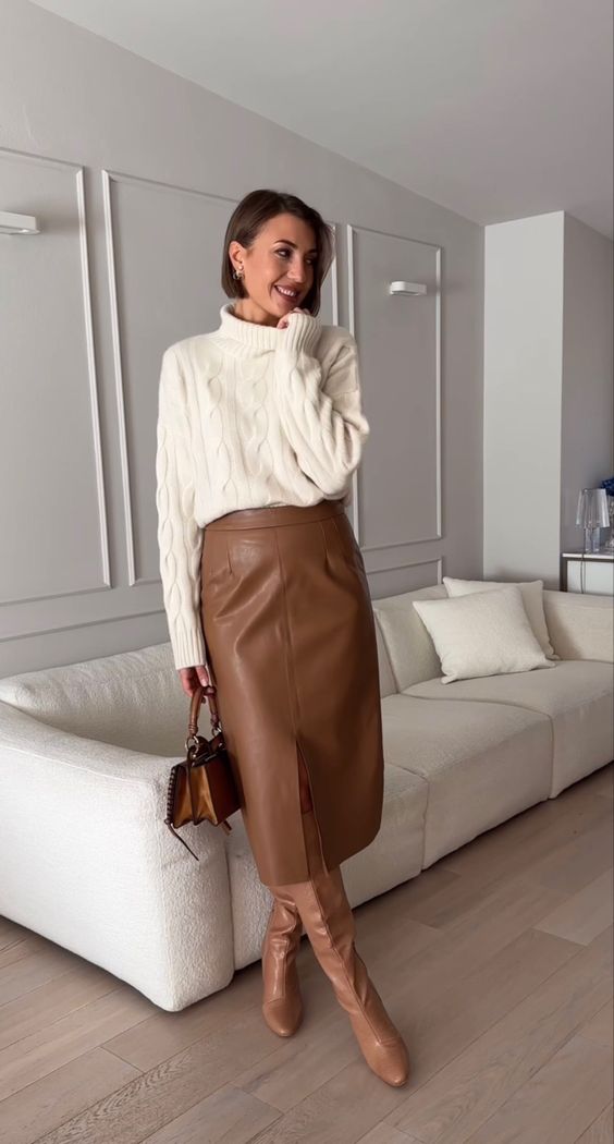Tan Leather Knee-High Boots with Brown Leather Midi Skirt — Brown Boots Outfits