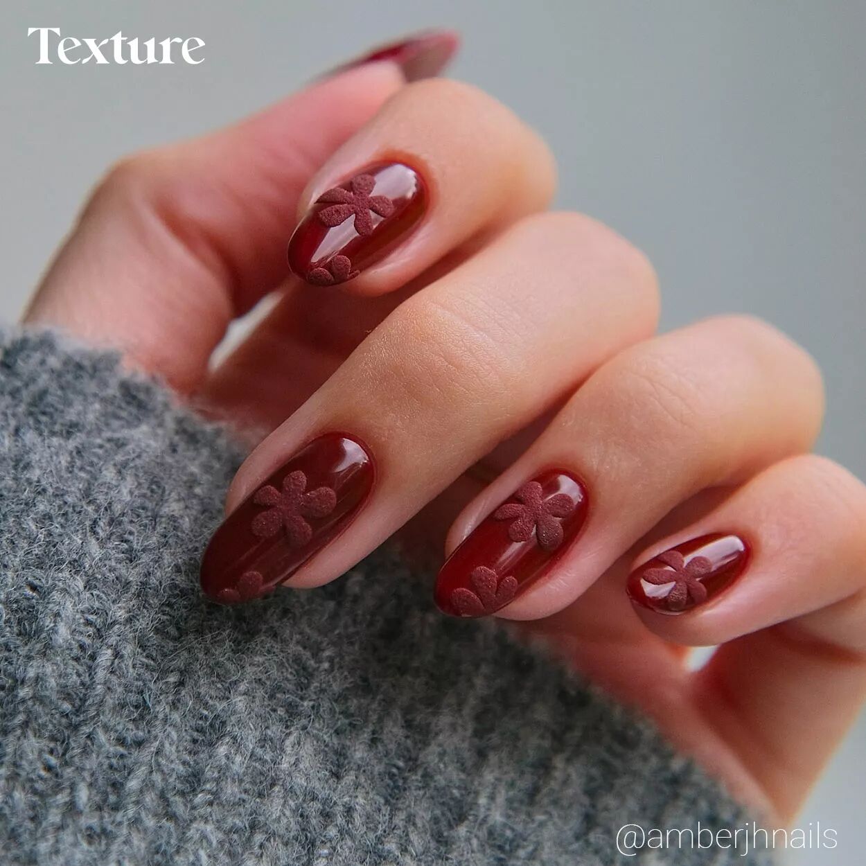Deep Muted Red Embossed Floral Nails Deep Muted Red Embossed Floral Nails β Winter Nails