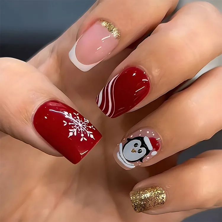 Short Square Penguin and Snowflake Nails — Cute Christmas Nails 2026
