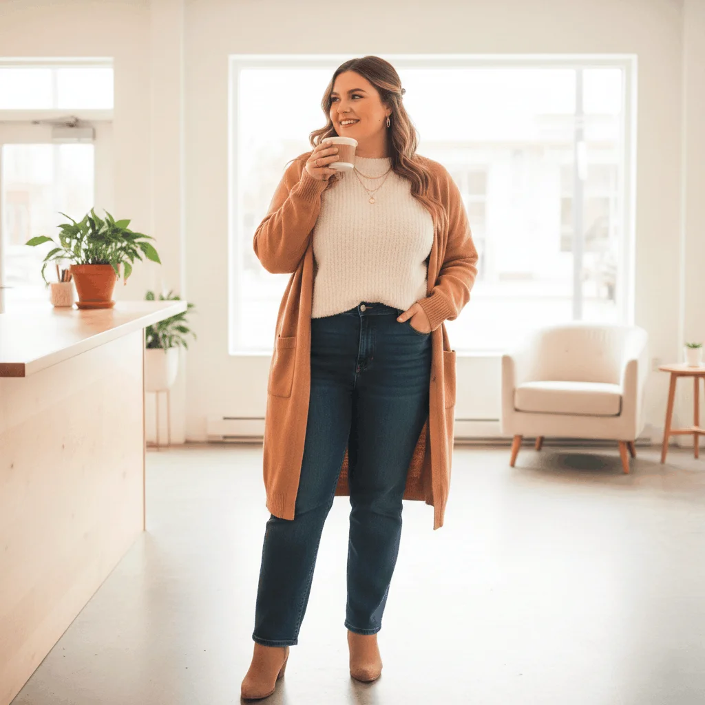 Cozy Knit Cardigan with Straight-Leg Jeans Cozy Knit Cardigan with Straight-Leg Jeans β Winter Outfits for Plus Size Women