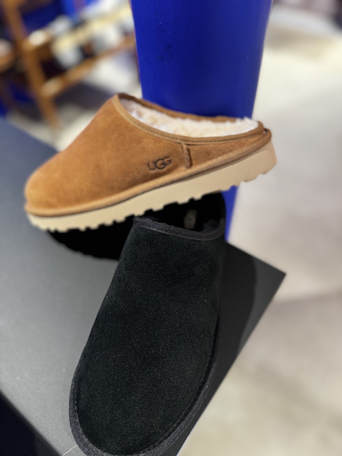 Tan and Black UGG Slippers Display Tan and Black UGG Slippers Display β Ugg Slippers Outfits