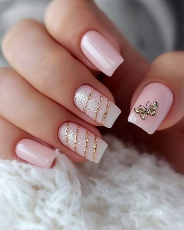 Pale Pink Gold Stripe Butterfly Square Nails Pale Pink Gold Stripe Butterfly Square Nails β Sparkly New Years Nails 2027