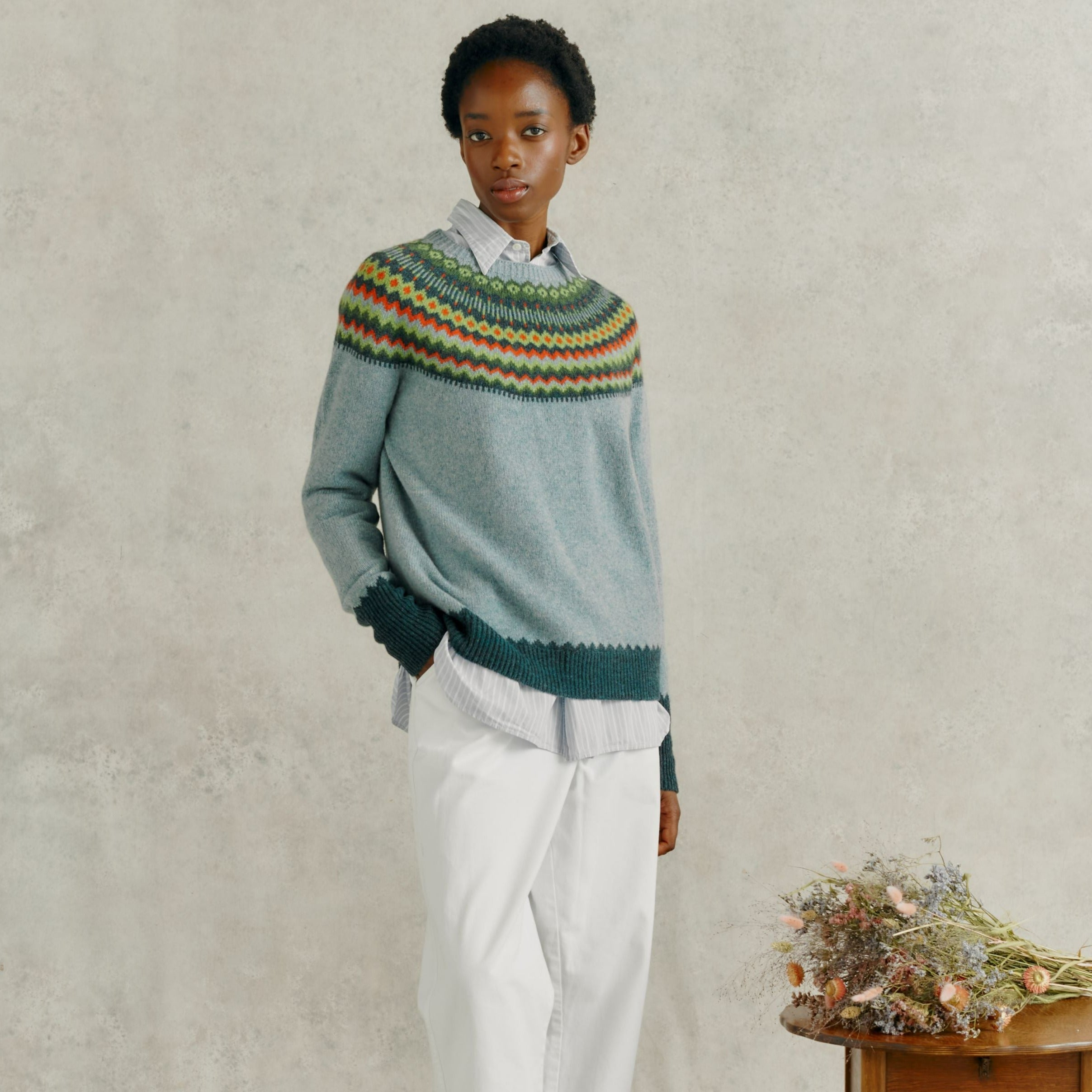 Casual Light Blue Fair Isle Sweater with White Trousers Casual Light Blue Fair Isle Sweater with White Trousers โ Fair Isle Sweater Outfits