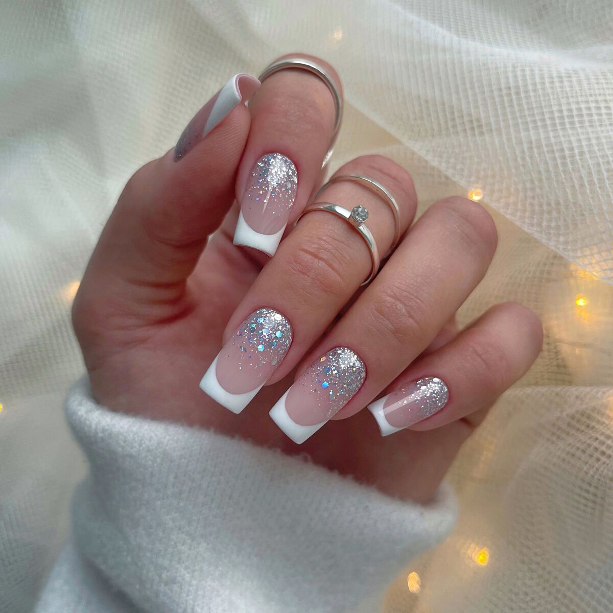 Nude White French Glitter Accent Square Nails Nude White French Glitter Accent Square Nails β New Years Nail Designs 2027