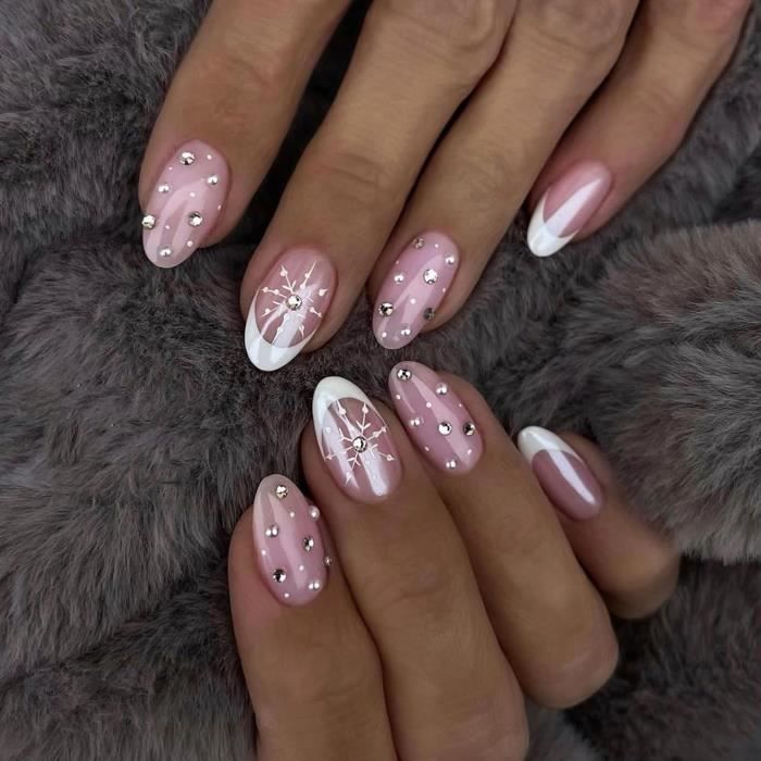 Short Almond French Tips With Snowflakes Short Almond French Tips With Snowflakes β Winter Pink Nails