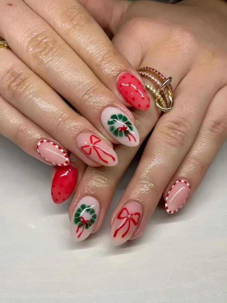 Nude Wreath and Bow Christmas Nails Nude Wreath and Bow Christmas Nails β Medium Christmas Nails 2026