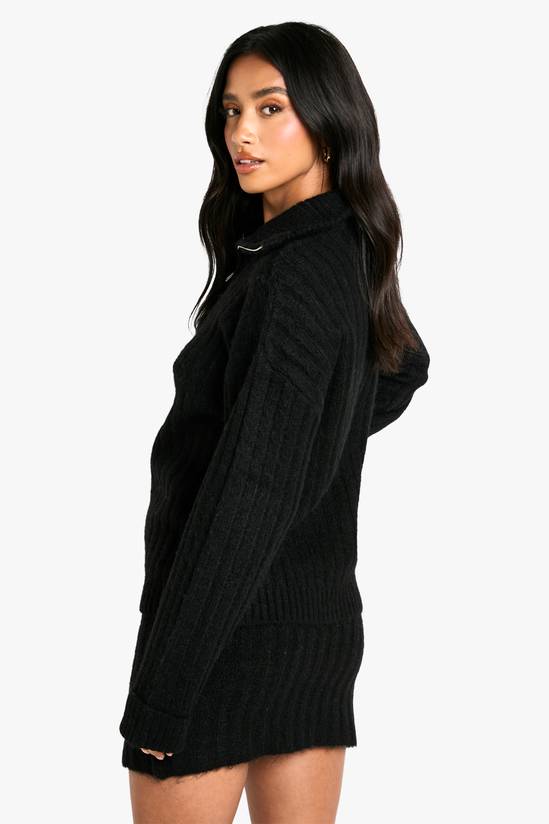 Modern Edge: Black Zip-Neck Sweater with Mini Skirt — Oversized Sweater Outfits