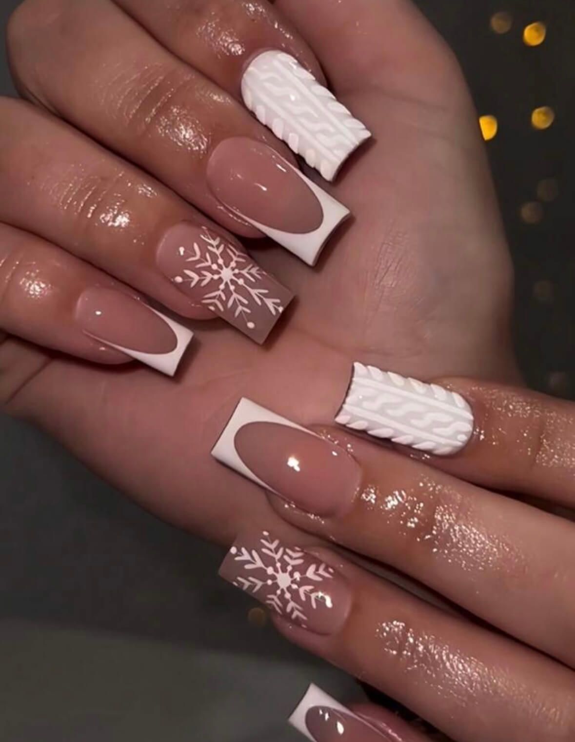 Nude French with Cable Knit Snowflakes Nude French with Cable Knit Snowflakes β Winter Nail Art