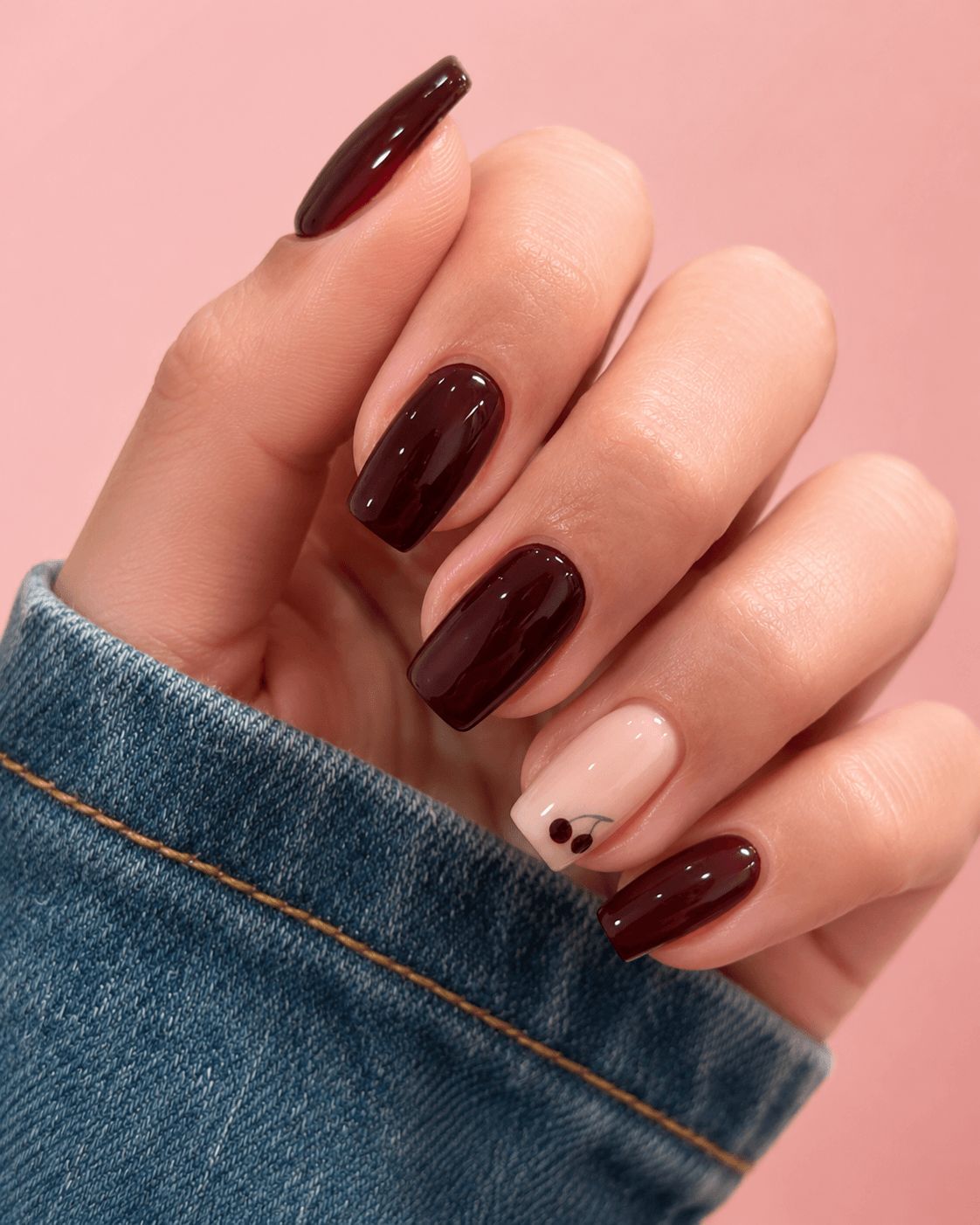 Cherry Motif On One Accent Nail Visual Idea Cherry Motif On One Accent Nail Visual Idea β Burgundy Nails