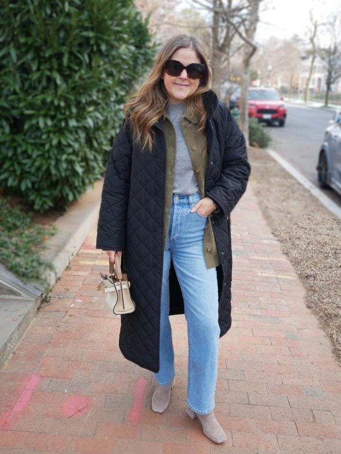 Quilted Long Coat Over Shirt Jacket and Jeans — January Outfits