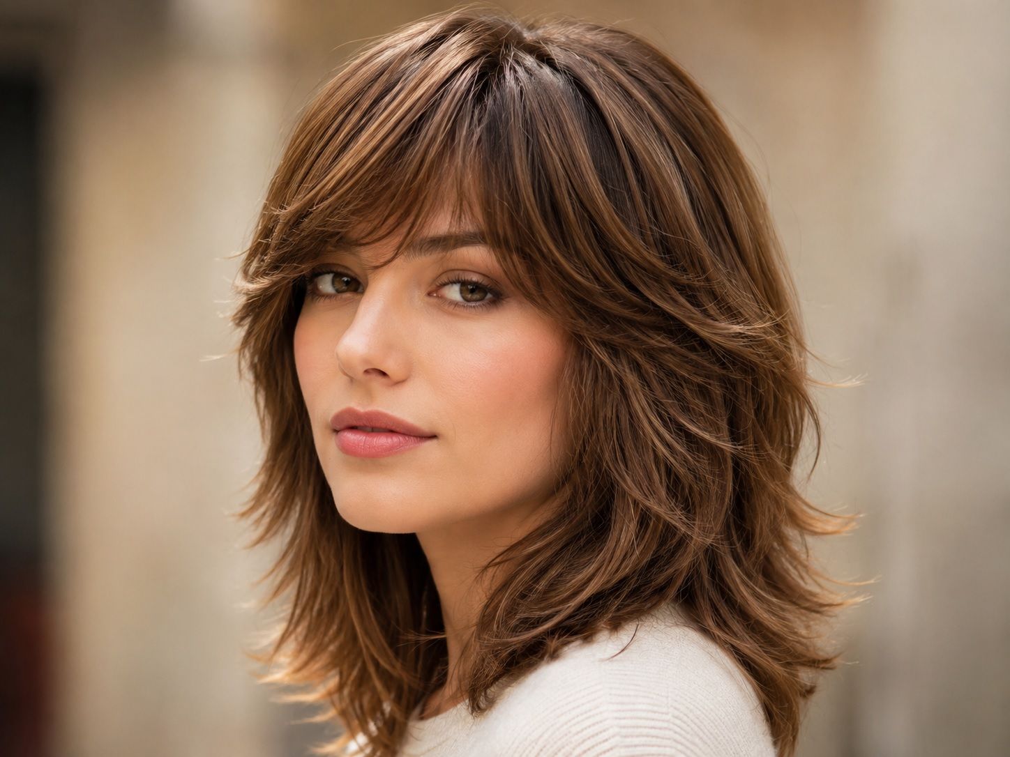 Collarbone Medium Brown Shag With Side Bangs Collarbone Medium Brown Shag With Side Bangs β Winter Shag Haircuts