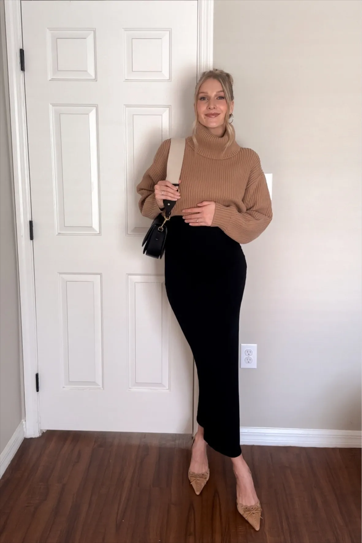 Casual Daytime Camel Ribbed Knit Turtleneck with Black Midi Skirt Casual Daytime Camel Ribbed Knit Turtleneck with Black Midi Skirt β Winter Maternity Outfits