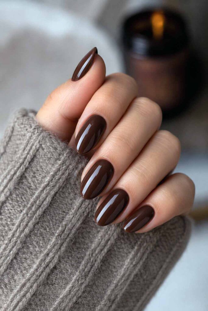 Deep Glossy Brown Medium Almond Nails Deep Glossy Brown Medium Almond Nails β Mocha Nails
