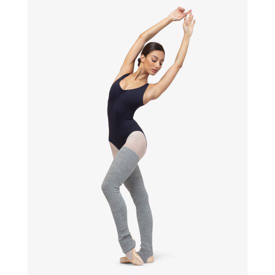 Grey Ribbed Knit Leg Warmers with Leotard and Ballet Flats — Leg Warmers Outfits