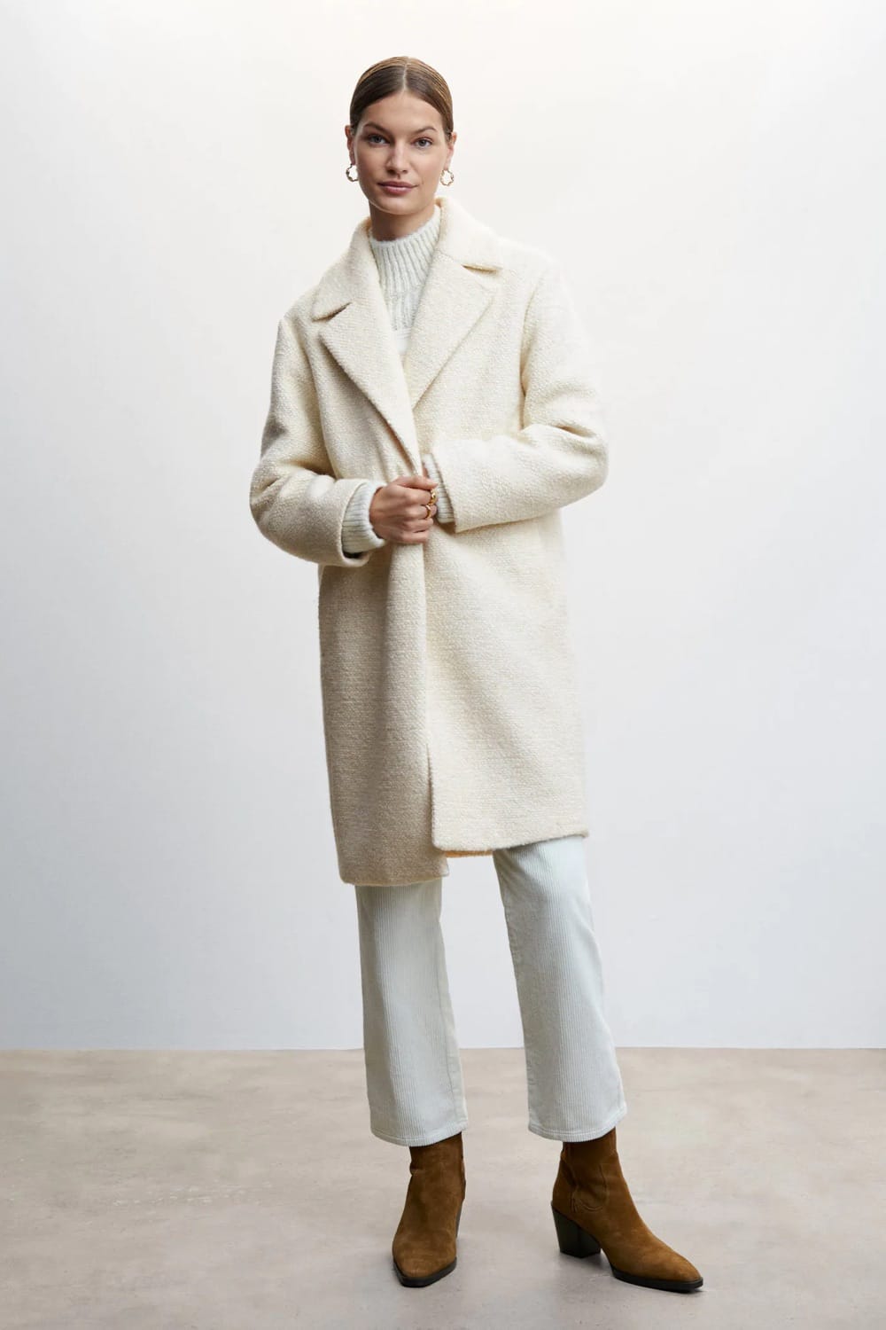 Textured Cream Coat with Corduroy Trousers — Winter White Outfits