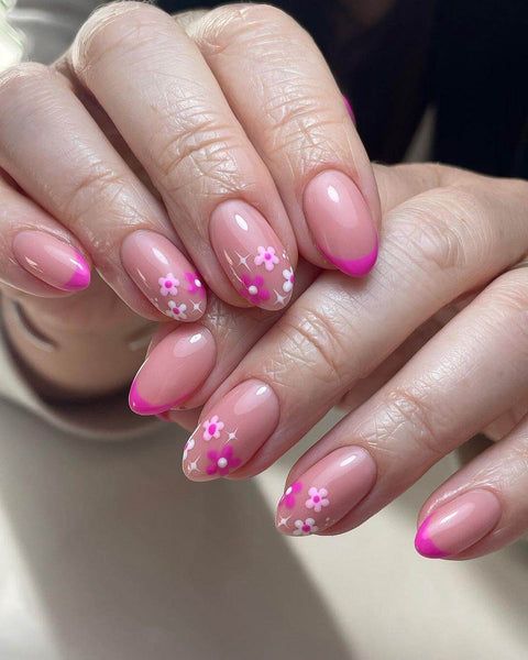 Short Oval Sheer Pink with Bright Pink French Short Oval Sheer Pink with Bright Pink French β Winter to Spring Transition Nails