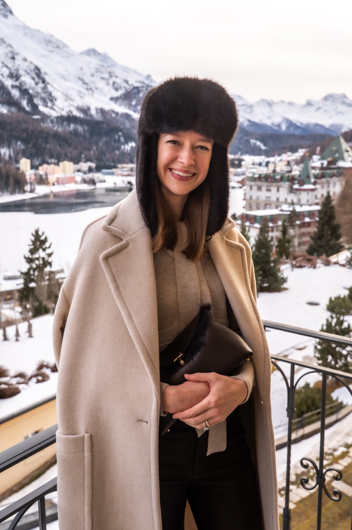Elegant Beige Wool Coat with Black Leather Pants — Snow Day Outfits