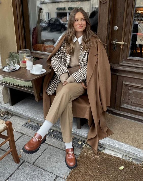 Layered Sophistication: Houndstooth Blazer and Draped Coat Layered Sophistication: Houndstooth Blazer and Draped Coat β Old Money Winter Outfits