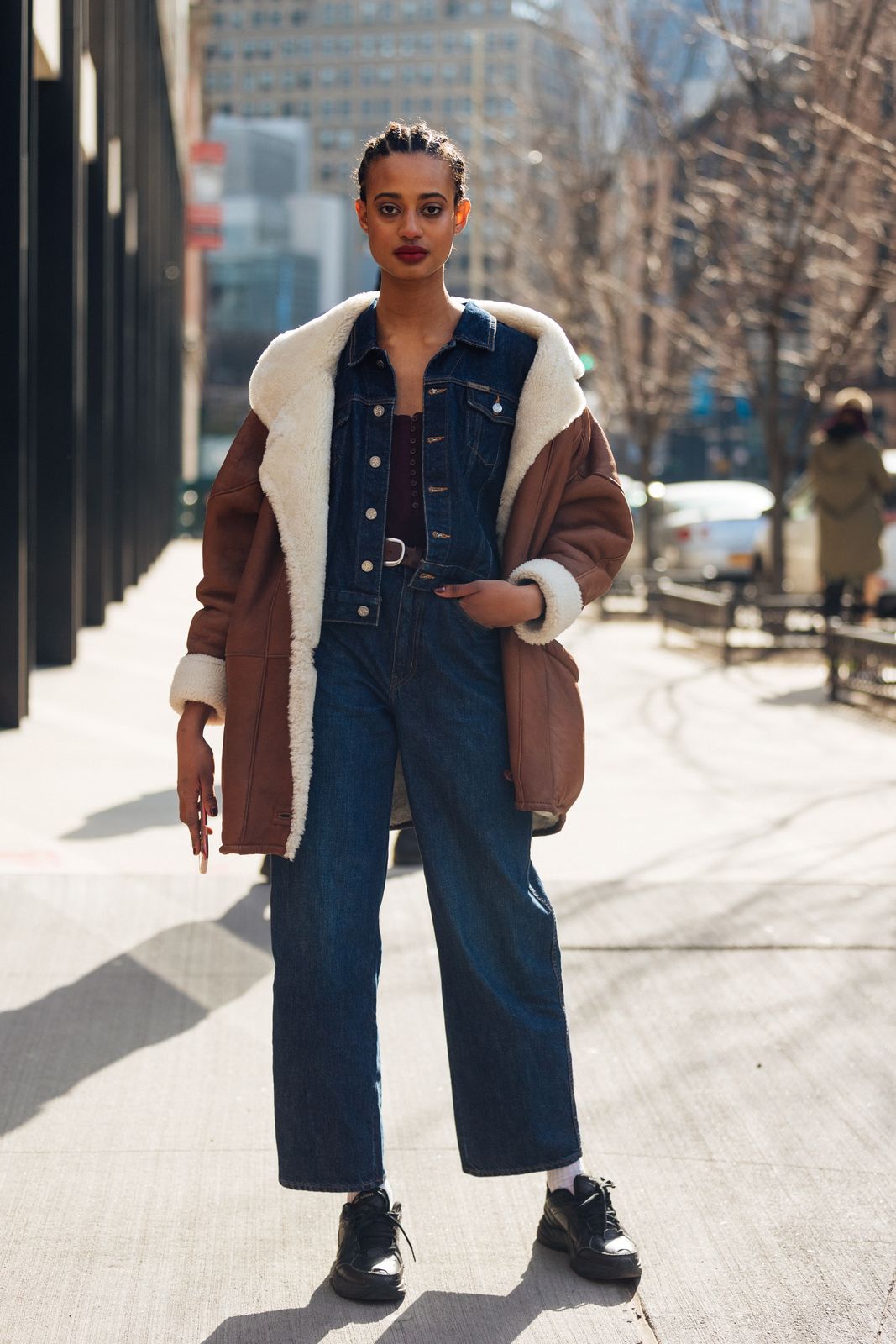 Shearling-Lined Coat Over Denim for a Cozy Layered Look — February Outfits