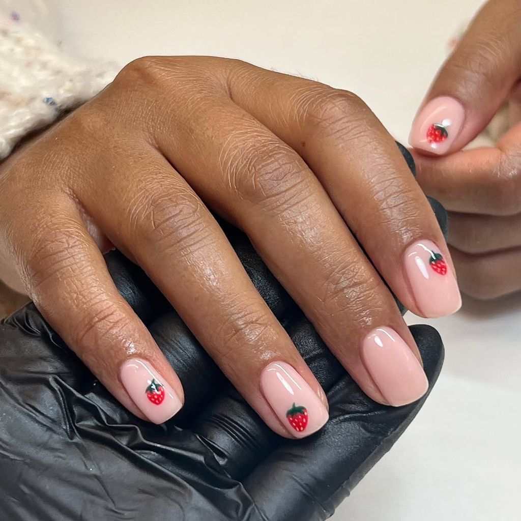 Short Oval Pale Pink with Strawberry Art — Holiday Nail Colors 2026