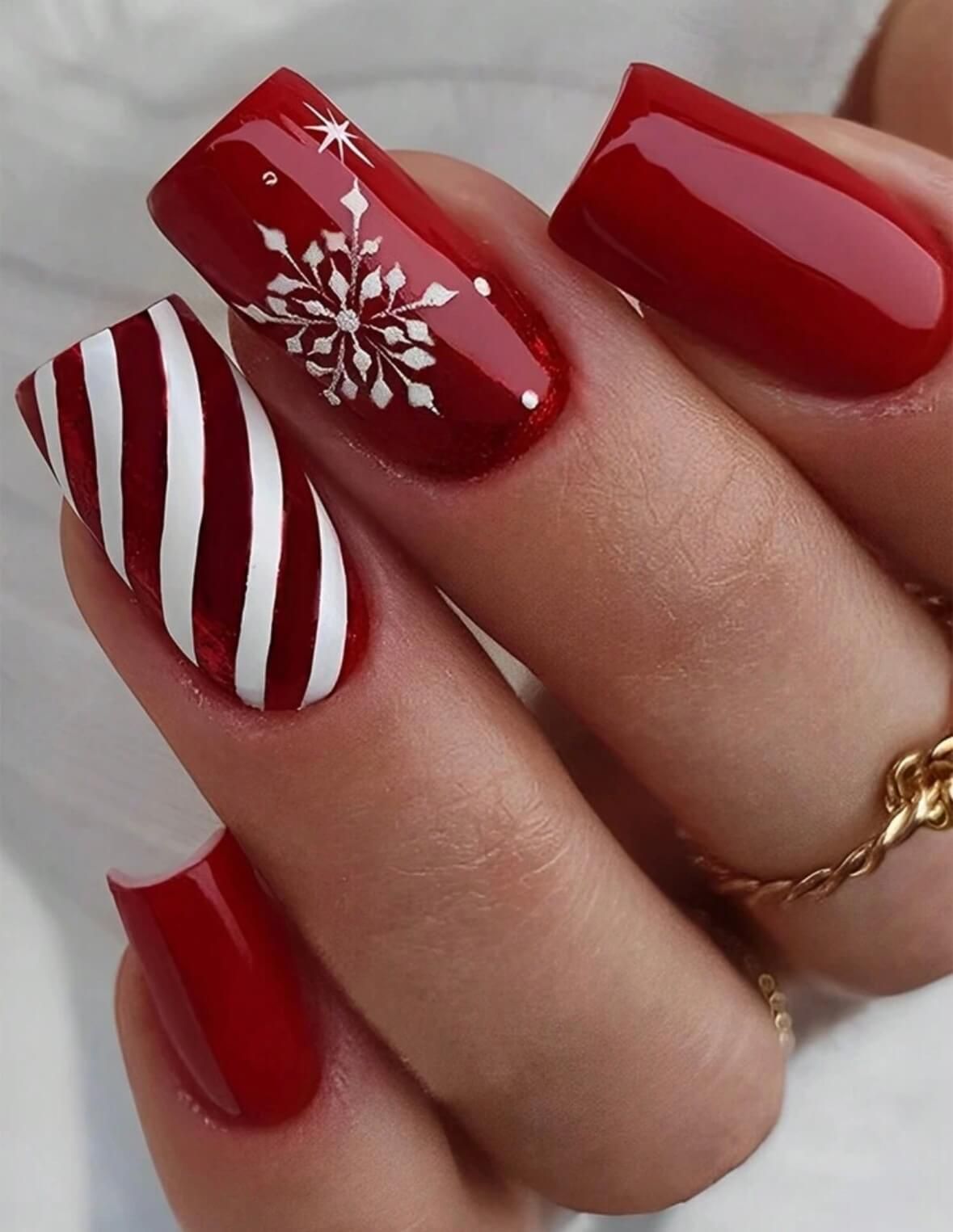 Glossy Red Snowflake Stripes Glossy Red Snowflake Stripes β Christmas Nails 2026