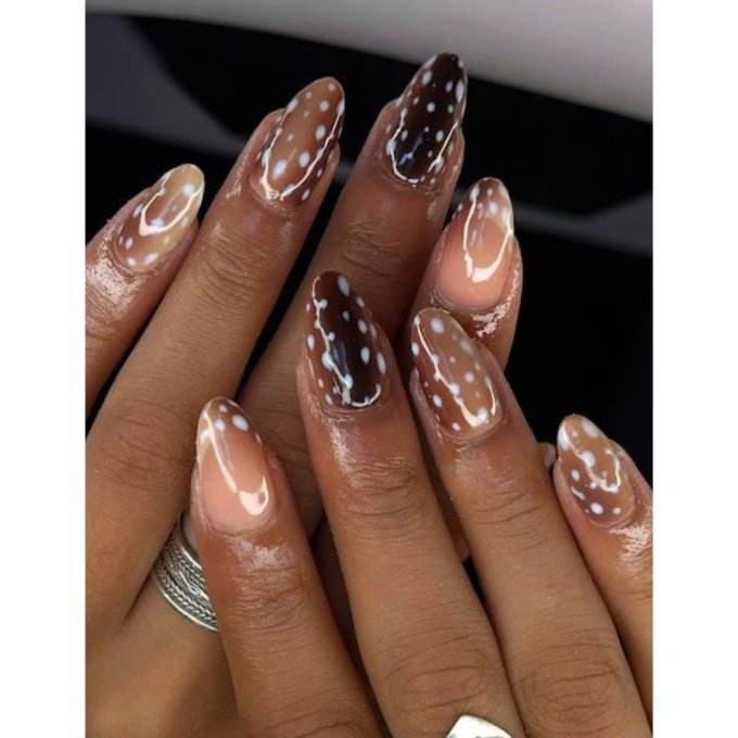 Brown White Deer Pattern Almond Nails Brown White Deer Pattern Almond Nails β Medium Length Winter Nails