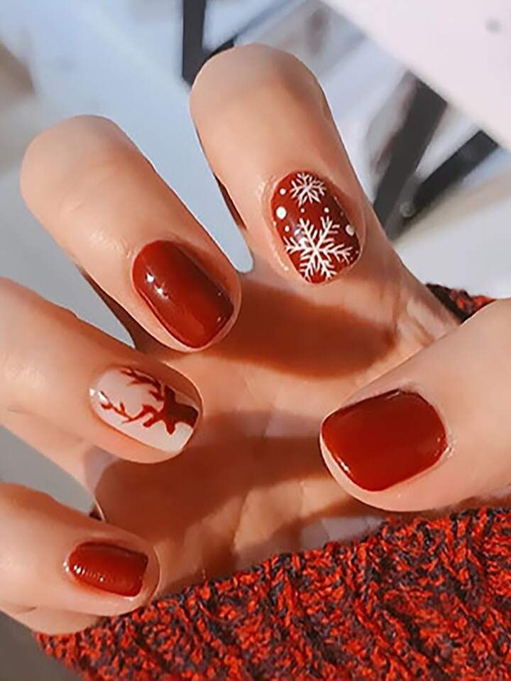 Deep Red Snowflake Reindeer Nails Deep Red Snowflake Reindeer Nails β Simple Short Winter Nails