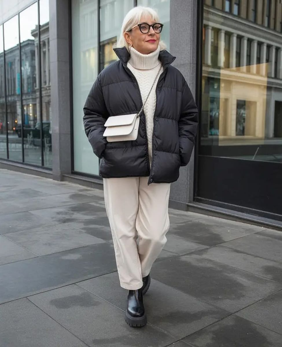Warm Puffer Coat Paired with Cream Knit and Beige Trousers Warm Puffer Coat Paired with Cream Knit and Beige Trousers β Winter Outfits for Women Over 60