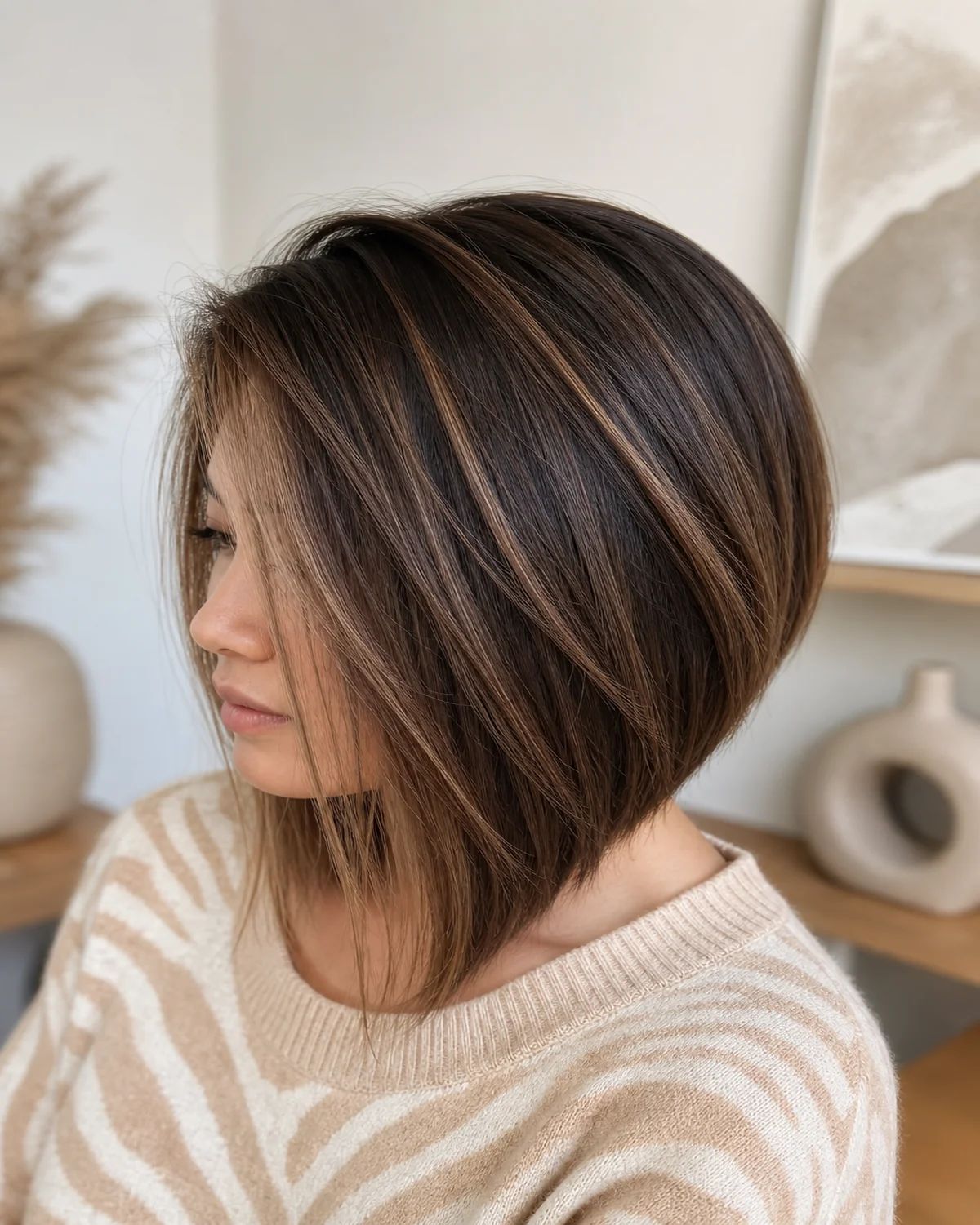 Dark Brown Inverted Bob With Highlights — Winter Haircuts for Thin Hair