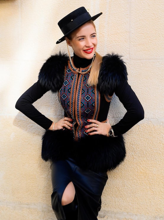 Black Faux Fur Vest with Geometric Panel Black Faux Fur Vest with Geometric Panel β Fur Hat Outfits