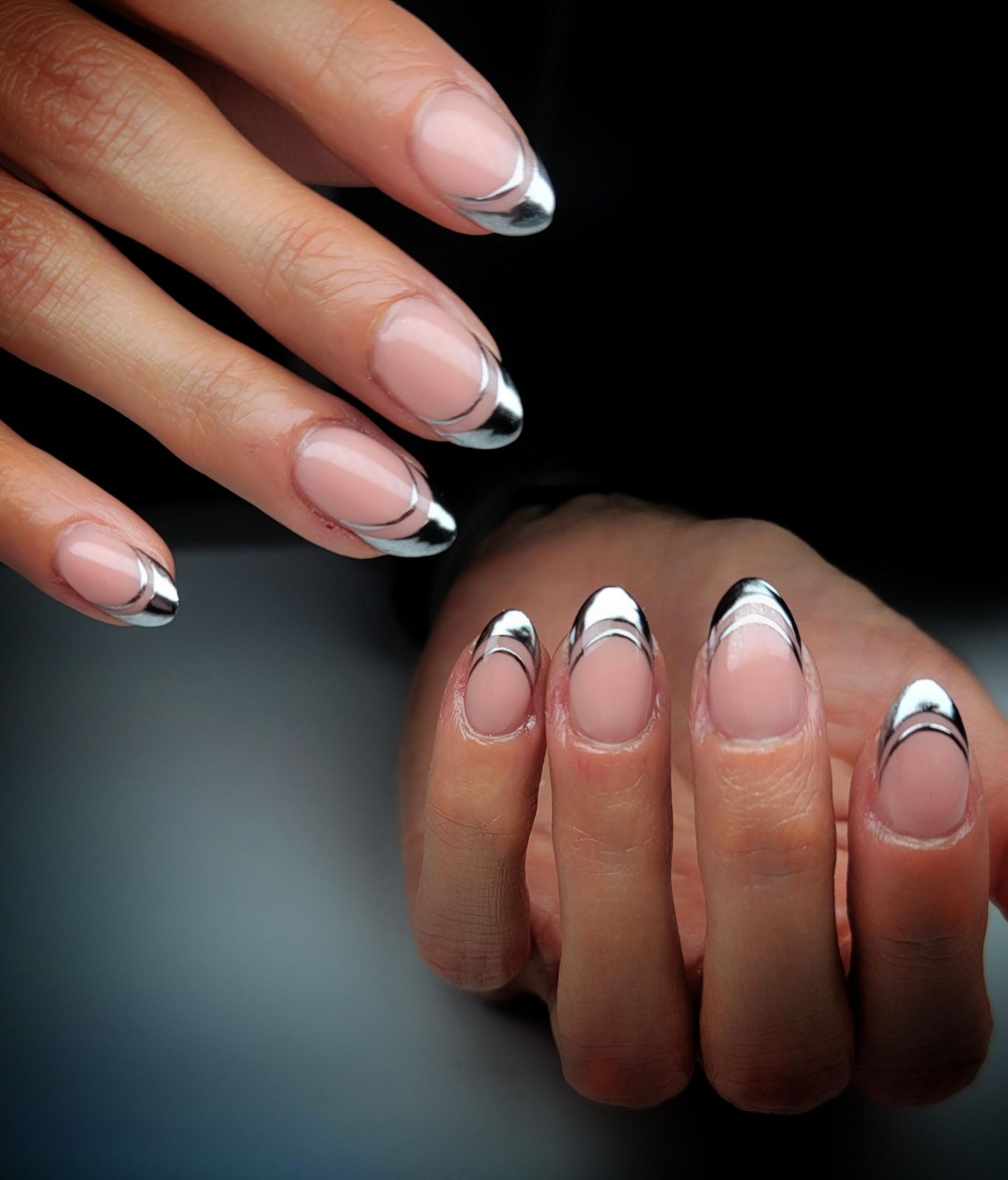 Nude Base Silver Chrome Outline Tip — Silver Chrome Nails