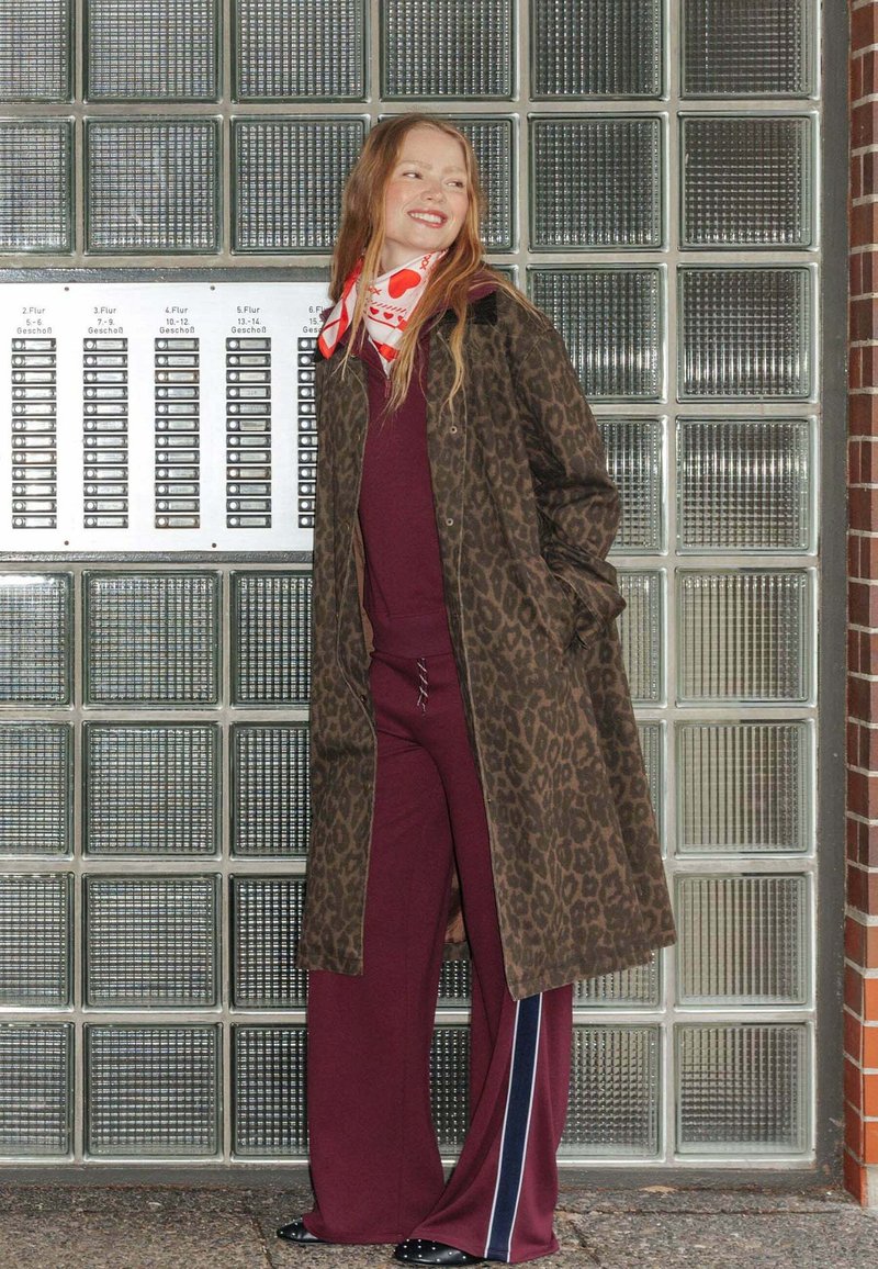 Leopard Coat Over Burgundy Sweat Set — Leopard Coat Outfits