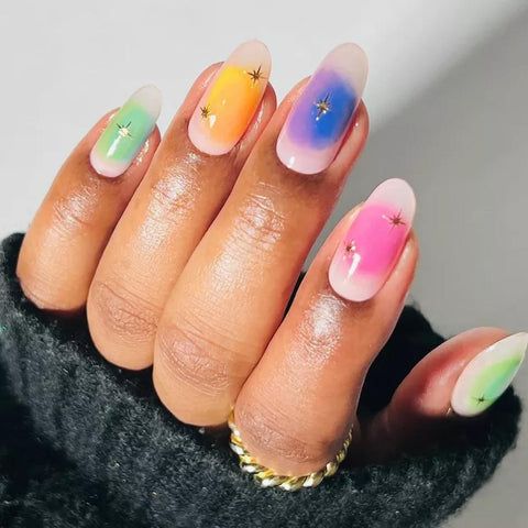 Vibrant Rainbow Aura with Gold Stars Vibrant Rainbow Aura with Gold Stars β Winter Aura Nails