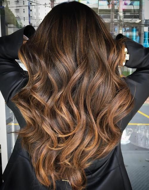 Mid-Back Dark Brown With Warm Blonde And Caramel Highlights Mid-Back Dark Brown With Warm Blonde And Caramel Highlights โ Winter Hair Colors for Brunettes