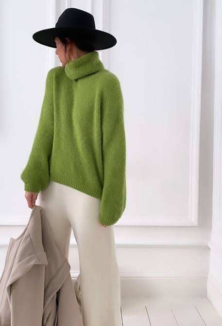 Bold Lime Green Fuzzy Turtleneck with Wide-Leg Trousers — Turtleneck Outfits