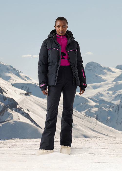 Grey Puffer Jacket with Bright Pink Top — Snow Day Outfits