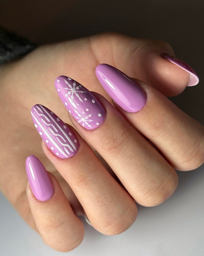 Lavender Snowflake Cable Knit Almonds — Long Christmas Nails 2026
