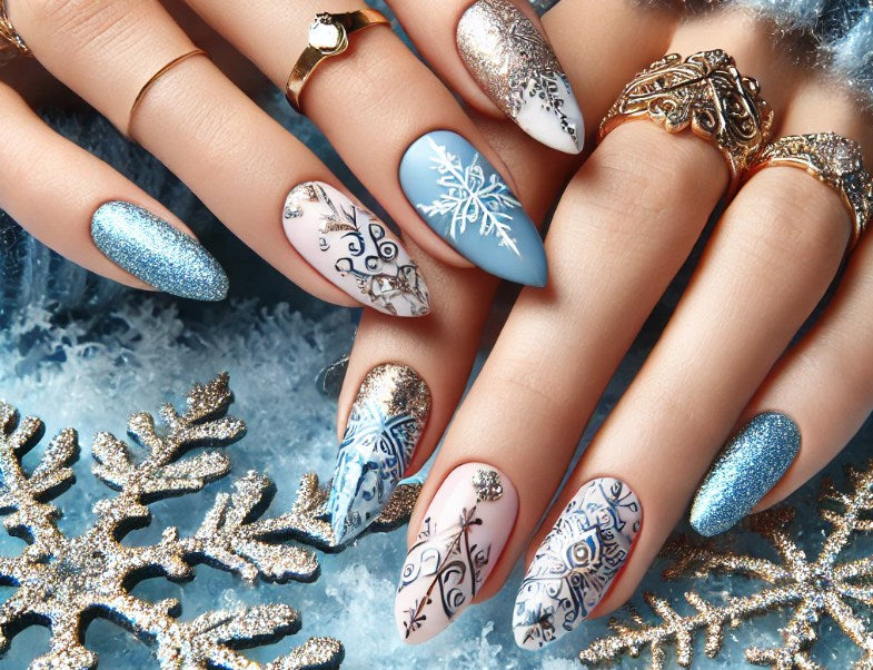 Blue White Pink Glitter Snowflake Stilettos Blue White Pink Glitter Snowflake Stilettos β Everyday Winter Nails