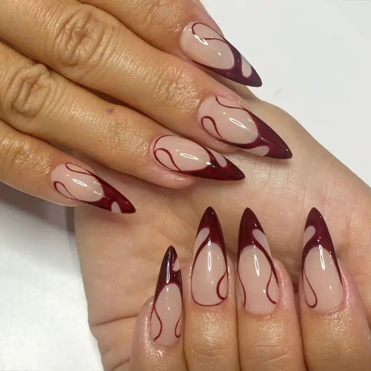 Modern Abstract Red Line Stilettos — Christmas Stiletto Nails 2026