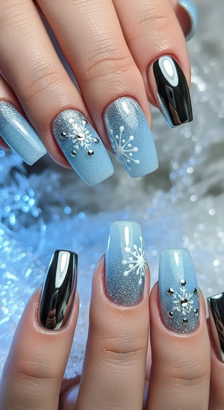 Festive Light Blue Gradient Snowflake Nails Festive Light Blue Gradient Snowflake Nails β Winter Nail Designs