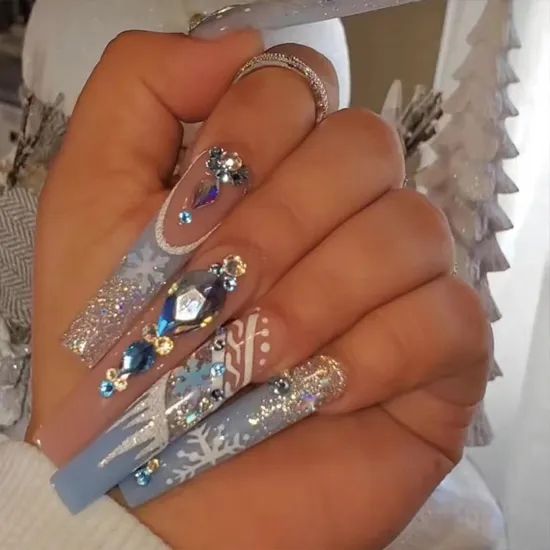 Light Blue White Glitter Snowflake 3D Coffin Nails Light Blue White Glitter Snowflake 3D Coffin Nails β New Years Coffin Nails 2027