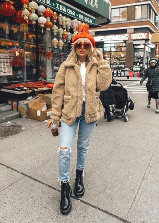 Black Platform Boots Outfit Idea — Teddy Coat Outfits