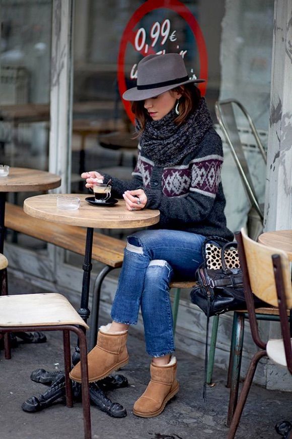 Tan Uggs with Patterned Cardigan and Scarf — Ugg Boots Outfits