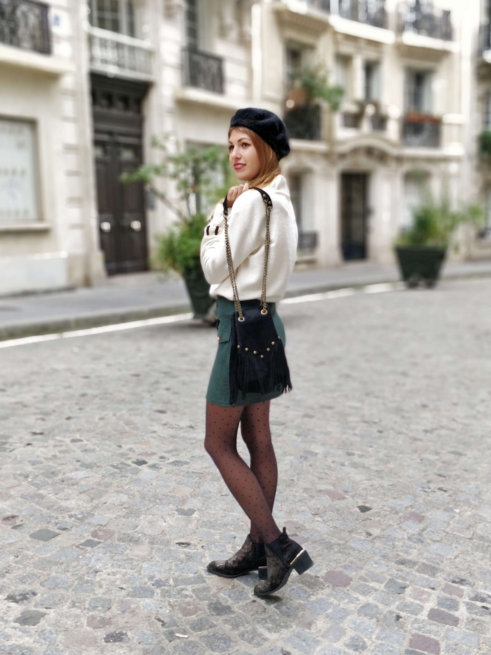 Cream Turtleneck with Mini Skirt and Textured Tights Cream Turtleneck with Mini Skirt and Textured Tights β Paris Winter Outfits