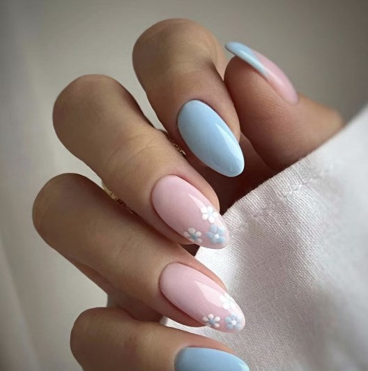 Light Blue with Delicate Floral Decals — Winter Gel Nails