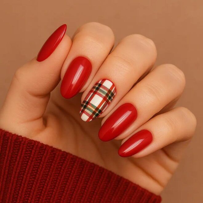 Glossy Deep Red with Plaid Accent Nail Glossy Deep Red with Plaid Accent Nail β Winter Date Night Nails