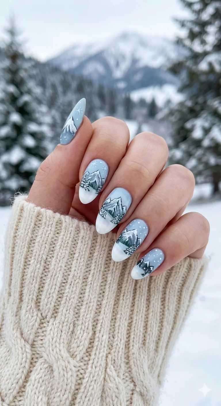 Matte Glossy Winter Landscape Oval Nails Matte Glossy Winter Landscape Oval Nails β Winter Nail Trends