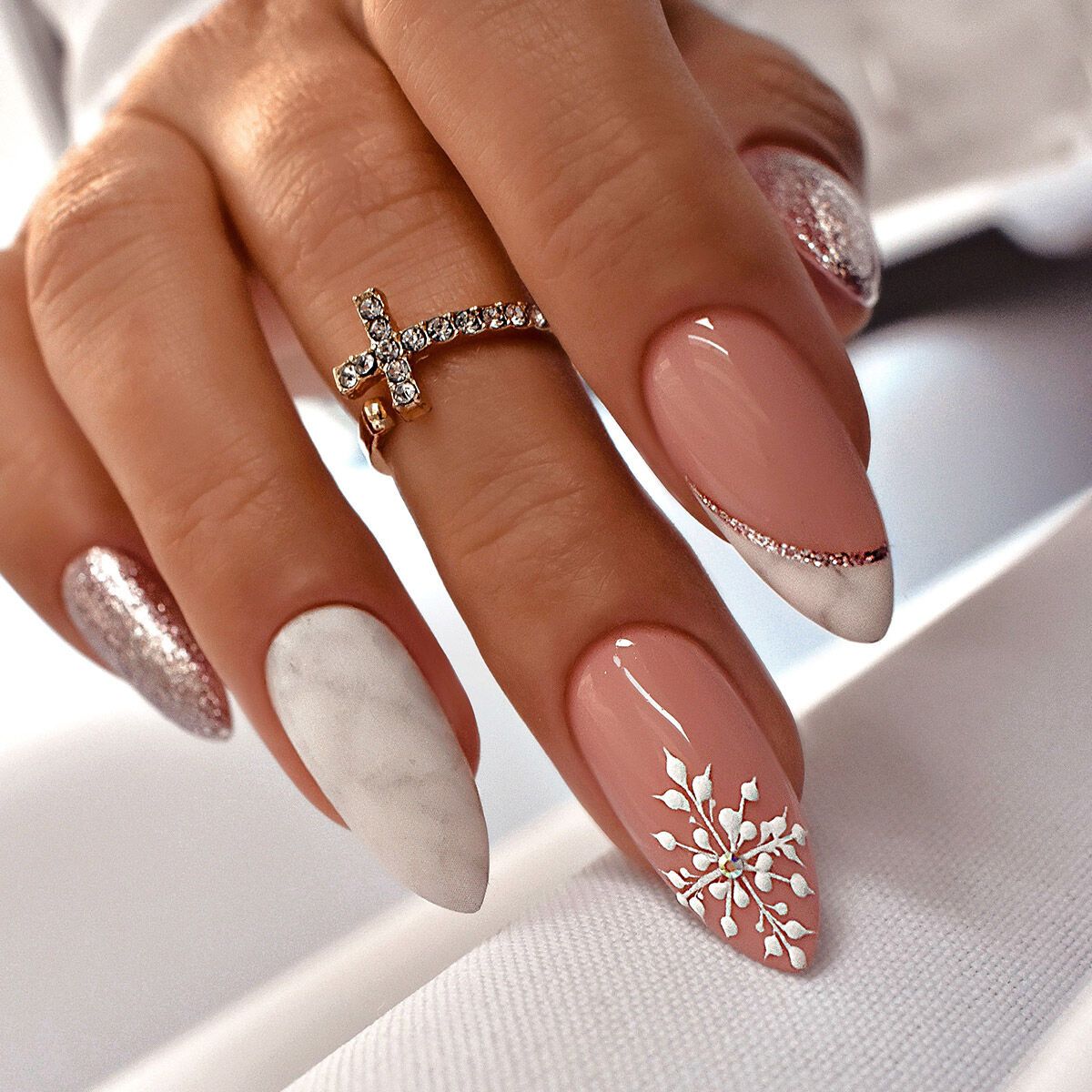 Winter Snowflake Pearl Almond Nails — Christmas Almond Nails 2026